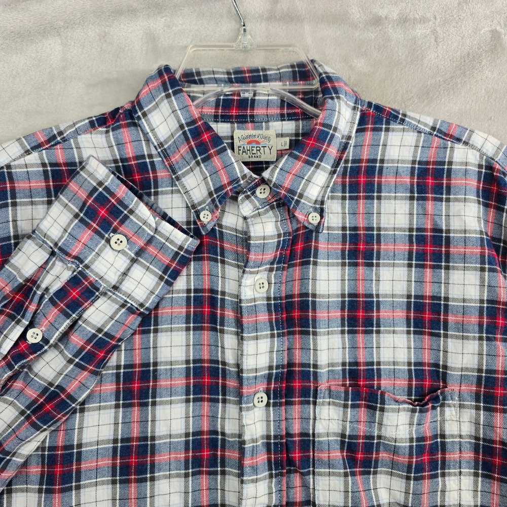 FAHERTY BRAND Mens Large Plaid Button‎ Down Shirt Long Sleeve Cotton Indigo Dyed
